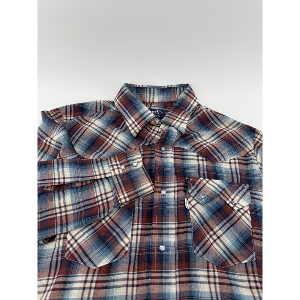 Vintage Levis Tapered Fit Western Pearl Snap Plaid Shirt Blue Red Mens Medium